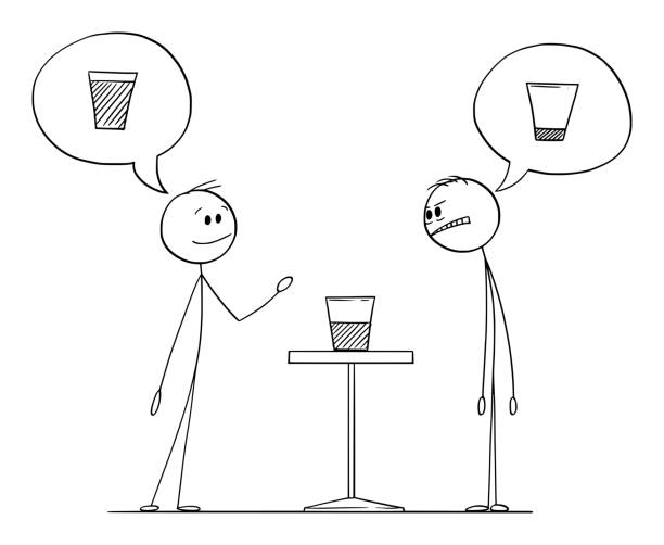 1000091349 Two men are meaning if the glass with water is half full or half empty, vector cartoon stick figure or character illustration.