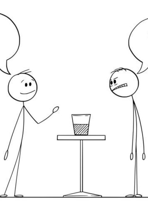 Two men are meaning if the glass with water is half full or half empty, vector cartoon stick figure or character illustration.