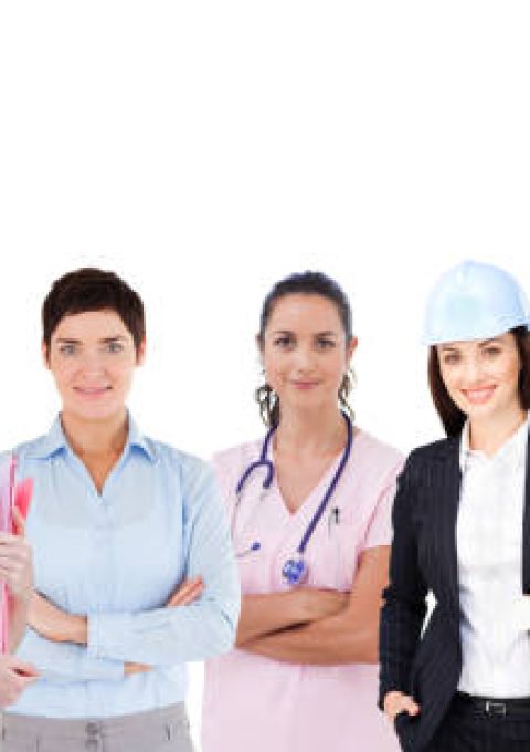 Happy female workers of various industries on white background